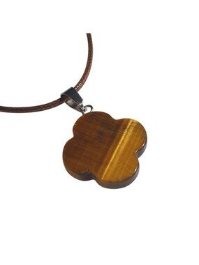 Tiger Eye Clover Pendant Necklace Brown Cord Lobster Clasp Unisex Jewelry Gift